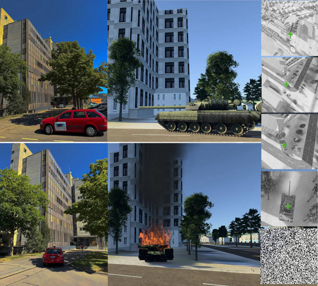 Un objet cible est fixé sur un véhicule rouge ; il est représenté comme un char dans l’environnement de simulation. D’autres images montrent différentes vues virtuelles ainsi que l’effet simulé d’un impact.